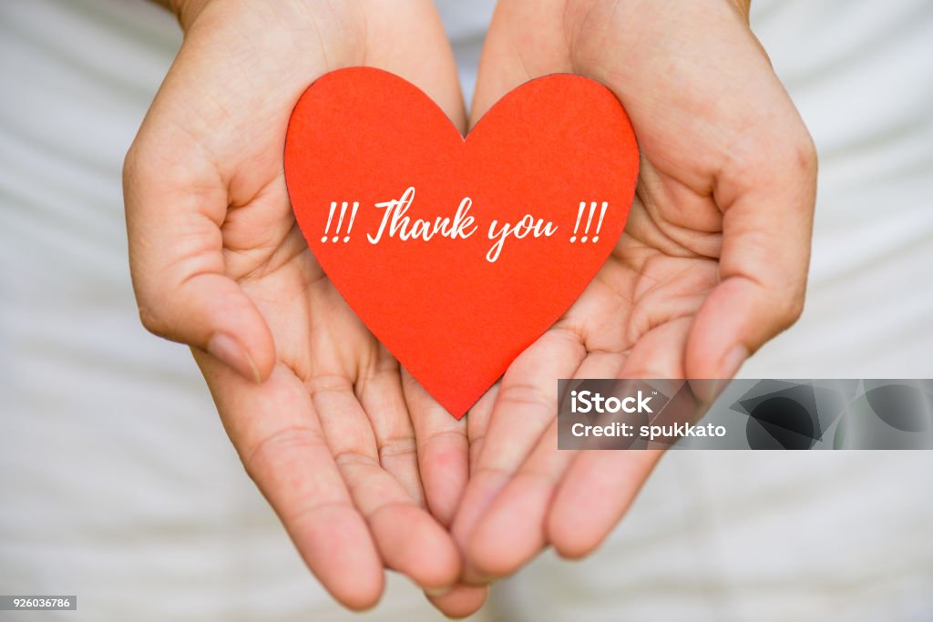 Mão de mulher jovem segurando papel coração vermelho com mensagem de agradecimento. Conceito grato. - Foto de stock de Thank You royalty-free