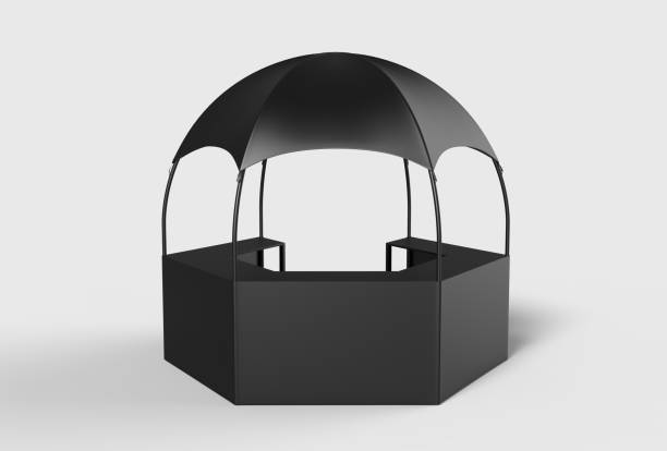 istock Outdoor Multi functional Trade Show Display Dome Kiosk Hexagonal Pavilion Canopy Tent With Promotional Counters, 3d render illustration. 926048632