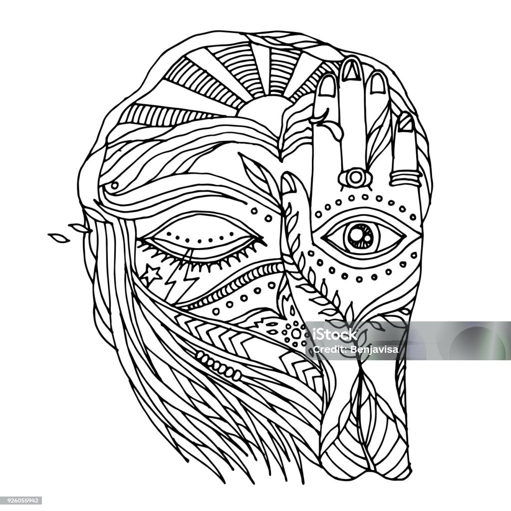 abstract artwork open, close eyes and mind human with nature natural element, vector illustration design hand drawn Coloring stock vector