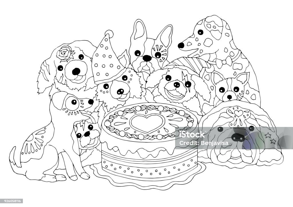 dogs happy birthday party with big cake, hand drawn vector illustration design Birthday stock vector