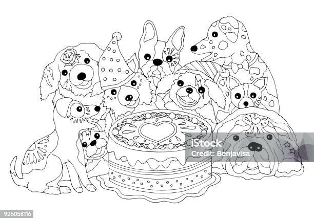 Dogs Happy Birthday Party With Big Cake Hand Drawn Vector Illustration Design Stock Illustration - Download Image Now