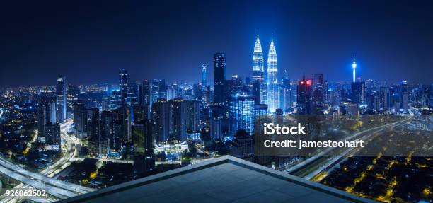 Open Space Balcony With Kuala Lumpur Cityscape Stock Photo - Download Image Now - Night, Rooftop, City