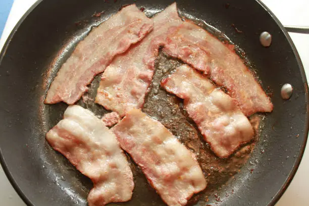 Bacon cooking in a non stick frying pan