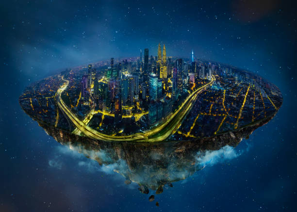 istock Fantasy island floating in the air with modern city skyline 926065986