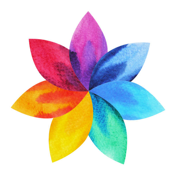 7 renk çakra işareti simgesi, renkli lotus çiçek simgesi, suluboya resim elle çizilmiş, illüstrasyon tasarımı - gökkuşağı illüstrasyonlar stock illustrations