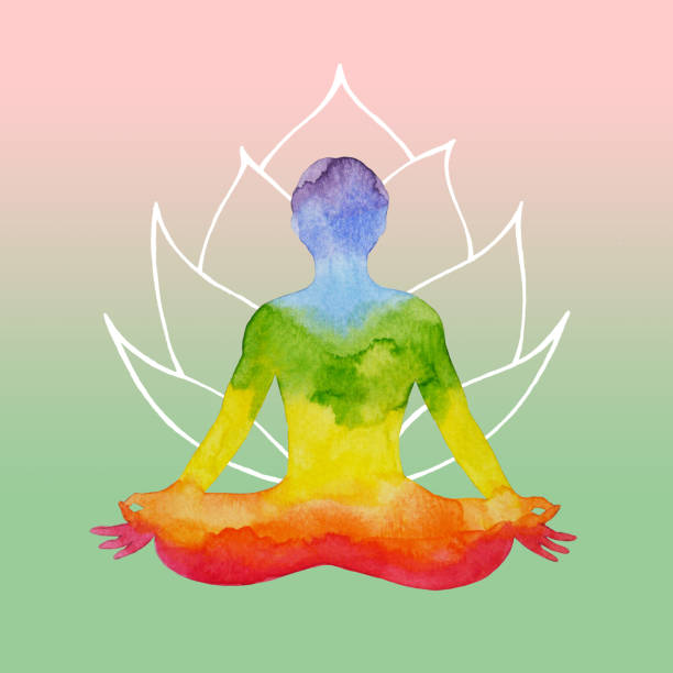 7 chakra human lotus pose yoga, abstract world, universe inside your mind mental, watercolor painting hand drawn vector art illustration