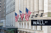 Wall street sign in New York City with New York Stock Exchange background.