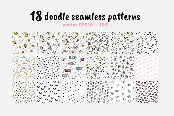 Vector Seamless Patterns Collection. Backdrop for Boys Girls textiles wrapping Vector Seamless Patterns Collection. Backdrop for Boys Girls textiles wrapping paper. Summer Spring Mood. Unicorns Stars Floral Flower Universal Pattern. Modern Background Design. Bright Colors Images drawing of pink and black polka dot wallpaper stock illustrations