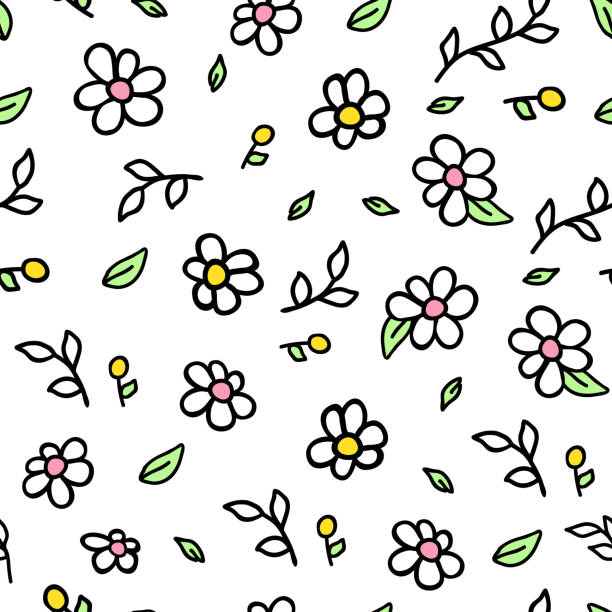 Vector Seamless Pattern Doodle Vector Seamless Pattern Doodle Scribble messy flowers with polka dots. Backdrop for Boys Girls textiles wrapping paper. Ink summers background in yellow and pink. Bright Images drawing of pink and black polka dot wallpaper stock illustrations