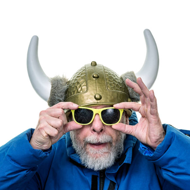 istock Horned Helmet Armor Senior Man Mugging With Grubby Opaque Sunglasses 926077714