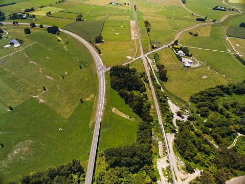 Aerial view of non urban road North Island, New Zealand.
