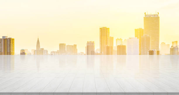 istock empty stone panel ground with panoramic city skyline aerial view under bright sun and blue sky of Tokyo, Japan 926085890