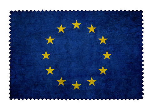 Flag of European Union on grunge postage stamp background isolated