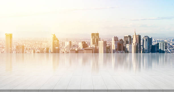 istock empty stone panel ground with panoramic city skyline aerial view under bright sun and blue sky of Tokyo, Japan 926088606