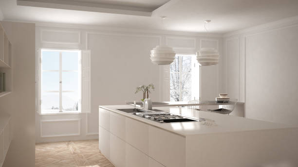 istock Modern kitchen in classic interior, island with stools and two big window, white architecture interior design 926089584