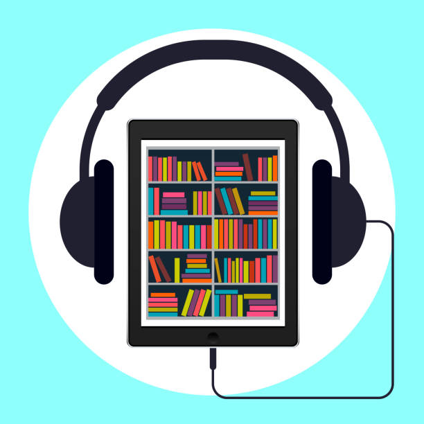 Audiobook, vector illustration. Tablet or smartphone and headphones. Audiobook, vector illustration. Tablet or smartphone with the app on the screen in the form of an electronic library and headphones. audio book stock illustrations