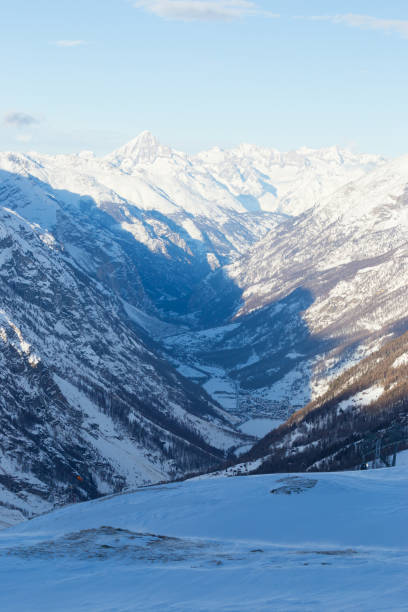 istock A Swiss mountain across a valley filled with snow 926093104