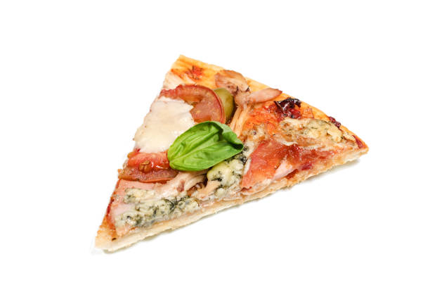 istock Pizza slice with tomato, chicken and blue cheese isolated on white 926093350