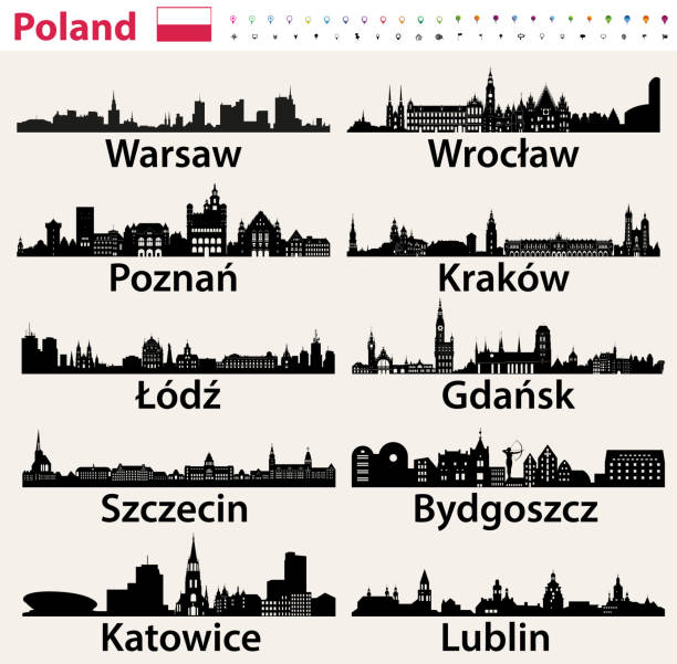 Poland largest city skylines silhouettes Poland largest city skylines silhouettes panoramic stock illustrations