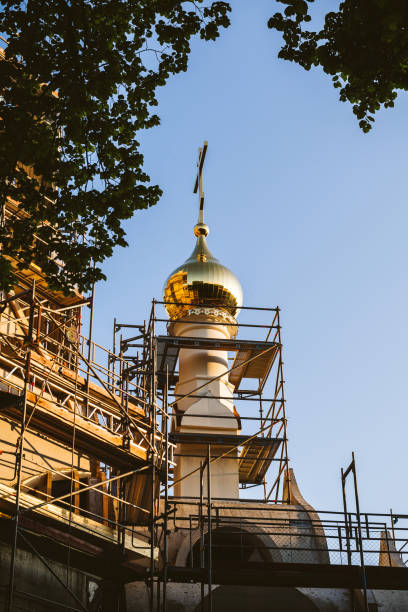 Scaffolding on the Russian Orthodox Church of All Saints Scaffolding on the Russian Orthodox Church of All Saints façade all hallows by the tower stock pictures, royalty-free photos & images