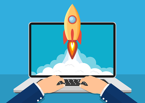 Successful startup business concept. Laptop with Rocket Start up concept. Business Project development. Vector illustration in flat style