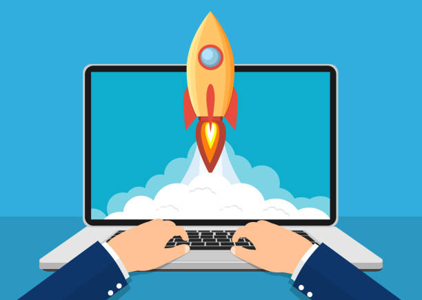 Successful startup business concept. Successful startup business concept. Laptop with Rocket Start up concept. Business Project development. Vector illustration in flat style rocket template stock illustrations