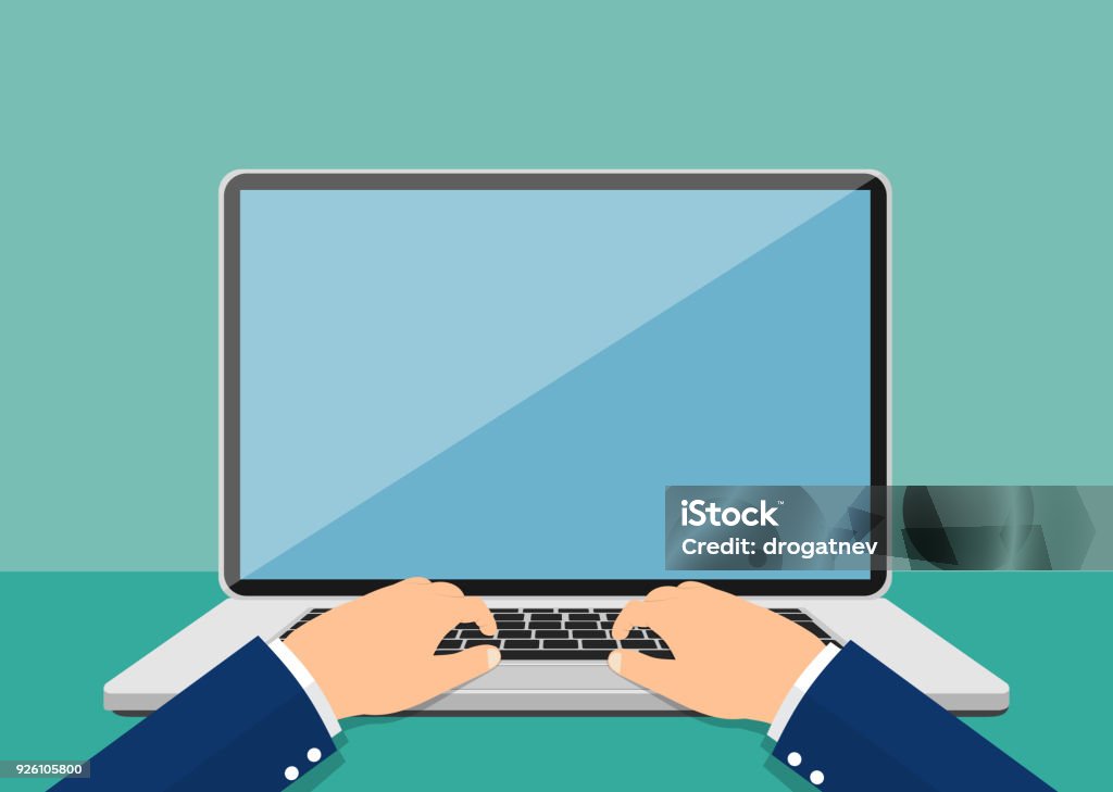 Laptop and hands on the keyboard. Laptop and hands on the keyboard. Vector illustration in flat style Laptop stock vector