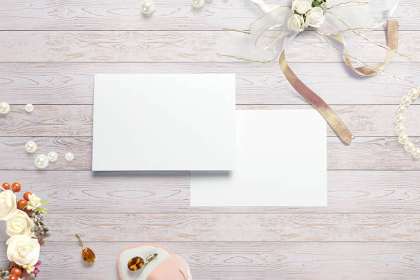 istock Blank event cards and decor on coffee-colored wooden background. 3d render. 926108350