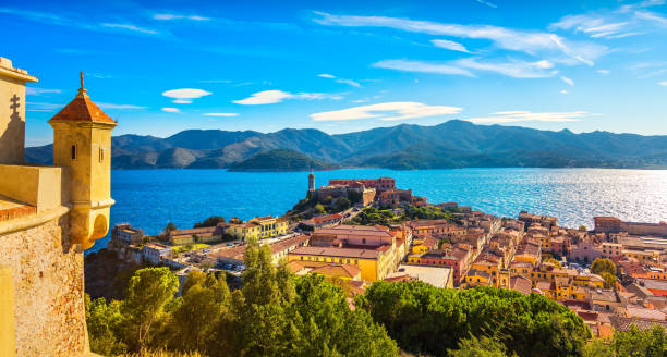Elba island, Portoferraio aerial view from fort. Lighthouse and fort. Tuscany, Italy. Elba island, Portoferraio aerial view from fort. Lighthouse and fort. Tuscany, Italy, Europe. livorno stock pictures, royalty-free photos & images
