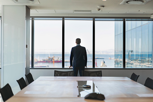 Rear view of businessman looking through window at office. Business professional is standing in board room. He is wearing full suit.