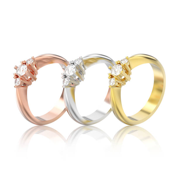 istock 3D illustration isolated three rose, yellow and white gold or silver three stone diamond rings with reflection 926112618