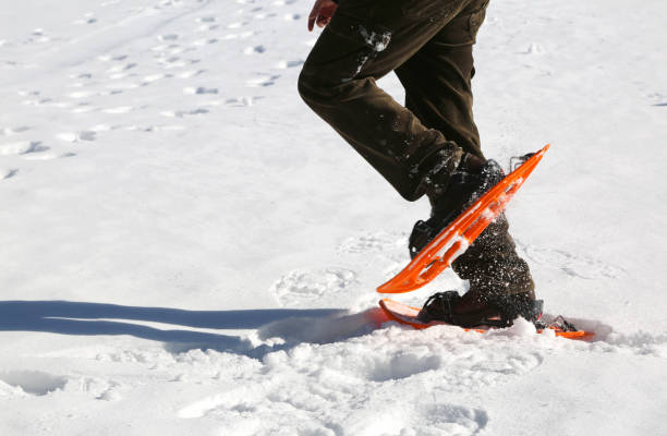 istock man walks with orange snowshoes on white snow 926113342