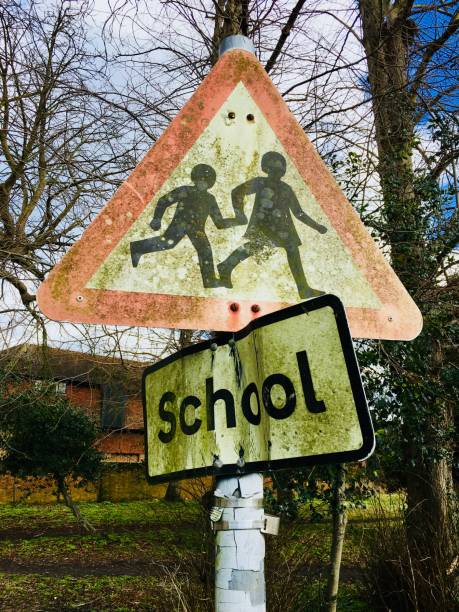 verwitterte moos bedeckt schule zeichen - moose crossing sign stock-fotos und bilder