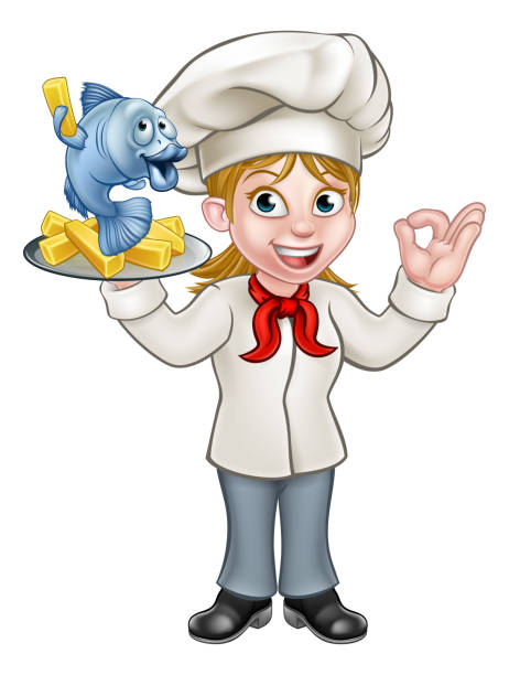 illustrations, cliparts, dessins animés et icônes de femme chef cartoon fish and chips - prepared fish fish and chips french fries letter n