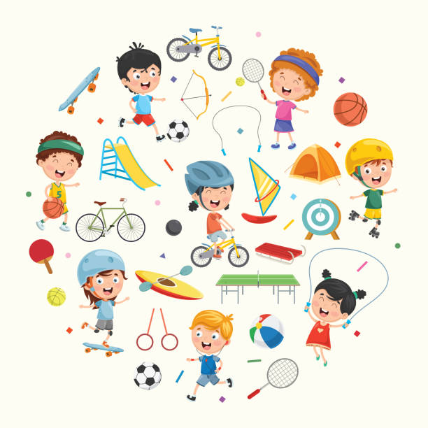 illustrazioni stock, clip art, cartoni animati e icone di tendenza di collezione vettoriale di bambini e illustrazione sportiva - tennis child sport cartoon