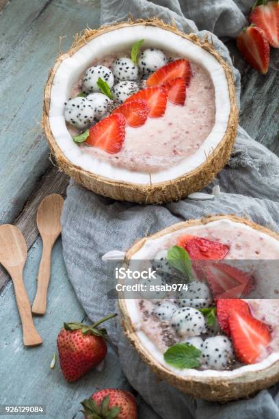 Strawberry And Dragon Fruit Smoothie For Summer Stock Photo - Download Image Now - Banana, Bowl, Breakfast