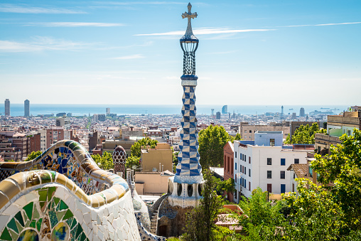 Barcelona, Spain - September 16, 2016: Beautiful view from the famous park guell over the city of Barcelona. Barcelona, Catalunya, Spain