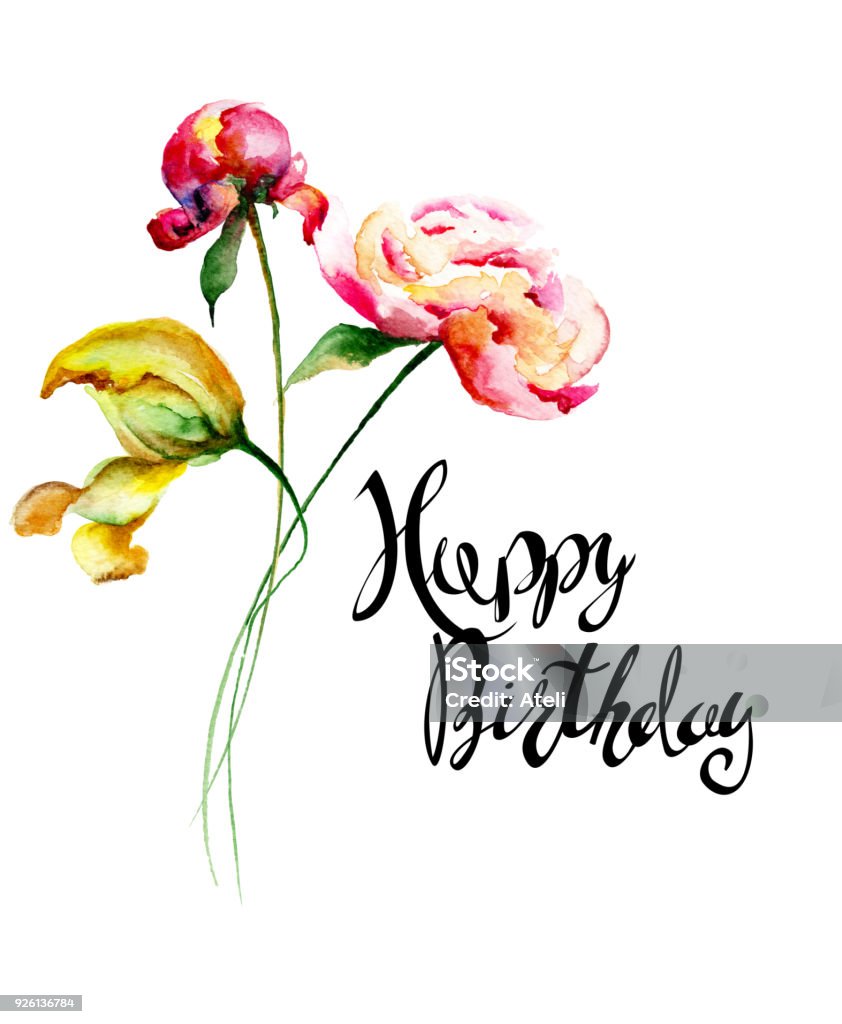 Peony And Tulips Flowers With Title Happy Birthday Stock ...