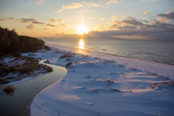 colorful winter sunset Baltic sea Saulkrasti