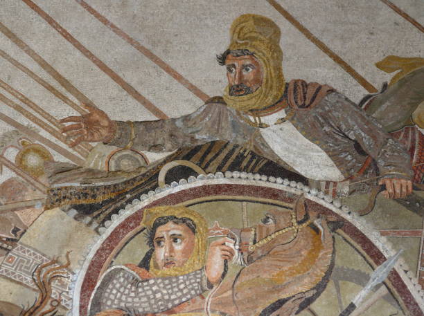 Alexander the Great versus Darius Pompeii, Italy - April 1, 2017: Ancient roman mosaic of Alexander the Great in battle against Darius, from Pompeii site. persian empire stock pictures, royalty-free photos & images