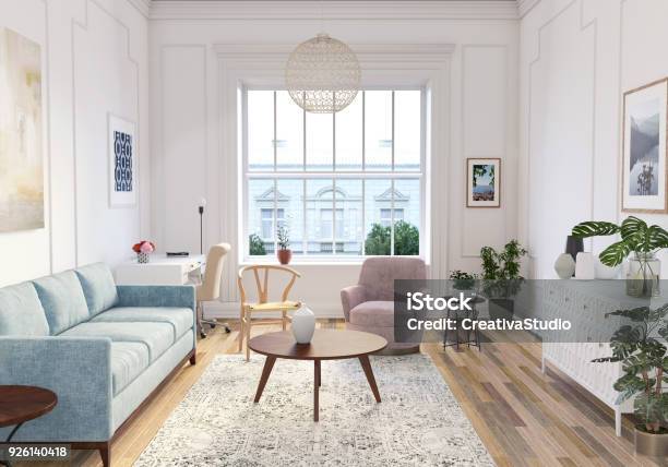 Moderno Interno Del Soggiorno Scandinavo Rendering 3d - Fotografie stock e altre immagini di Soggiorno