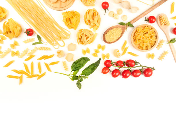 istock Overhead photo of different types of pasta on white with copy space 926144858