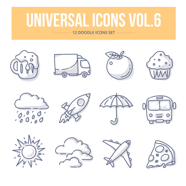 Universal Doodle Icons vol.6 Doodle vector universal generic icons for website and printing materials. Include weather, food and transportation icons truck in rain stock illustrations