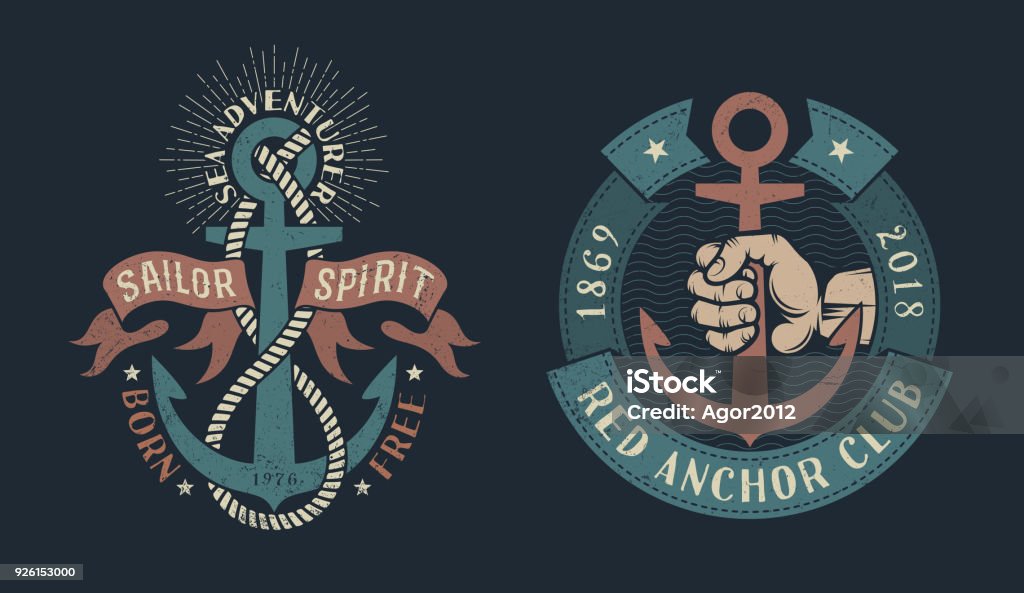 vintage nautical icons Two vintage nautical icons with an anchor, heraldic ribbons, ropes, hand of sailor. Dark background. Shabby worn texture on a separate layer and can be disabled Logo stock vector