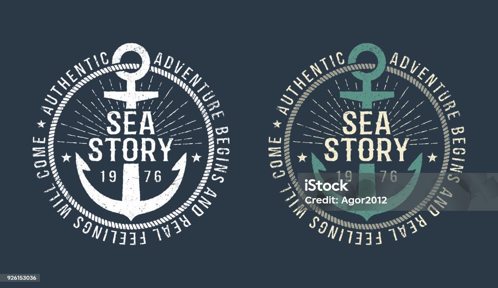 Marine round retro emblem Marine round retro emblem in hipster style with anchor and inscriptions. Monochrome and color versions on a dark background. Worn texture on a separate layer and can be disabled. Logo stock vector