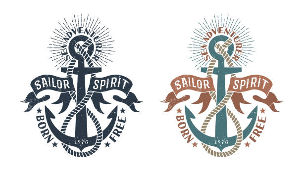 Marine retro emblem in the stamp style Marine retro emblem in the stamp style. Vintage icon with an anchor, rope and flapping ribbons. Worn texture on a separate layer and can be easily disabled. nautical tattoos stock illustrations