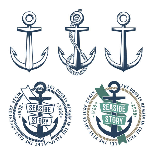 3 ретро якоря с веревкой - anchor and rope stock illustrations