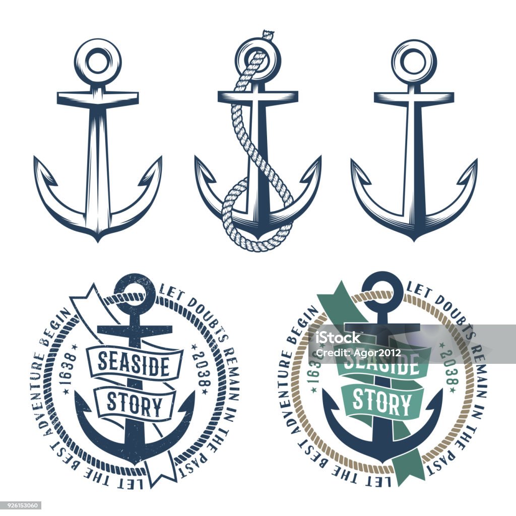 3 retro anchors with a rope Set of 3 retro anchors with a rope and 2 vintage marine emblem tattoo on a white background. Rubbed texture on a separate layer and can be easily disabled. Anchor - Vessel Part stock vector