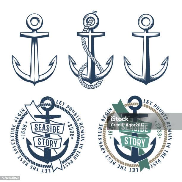 3 Retro Anchors With A Rope Stock Illustration - Download Image Now - Anchor - Vessel Part, Logo, Nautical Vessel