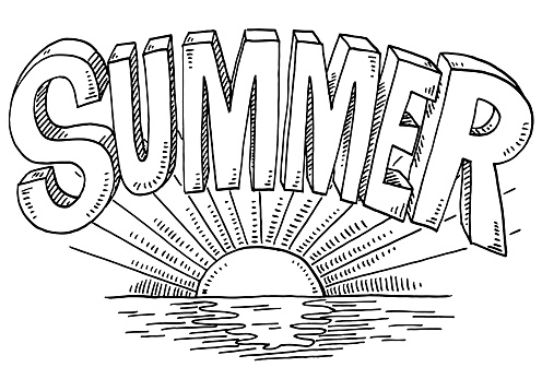 Hand-drawn vector drawing of a Summer Text above a Sunset. Black-and-White sketch on a transparent background (.eps-file). Included files are EPS (v10) and Hi-Res JPG.